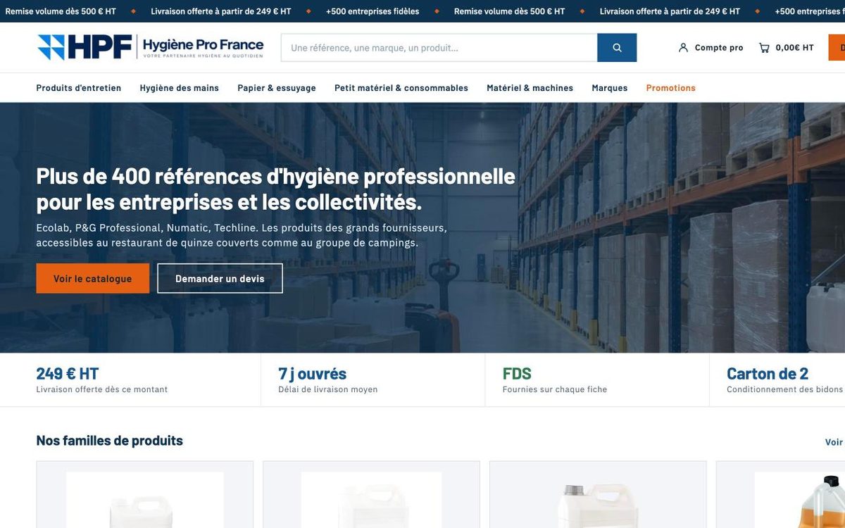 Page d'accueil d'Hygiène Pro France, catalogue d'hygiène professionnelle